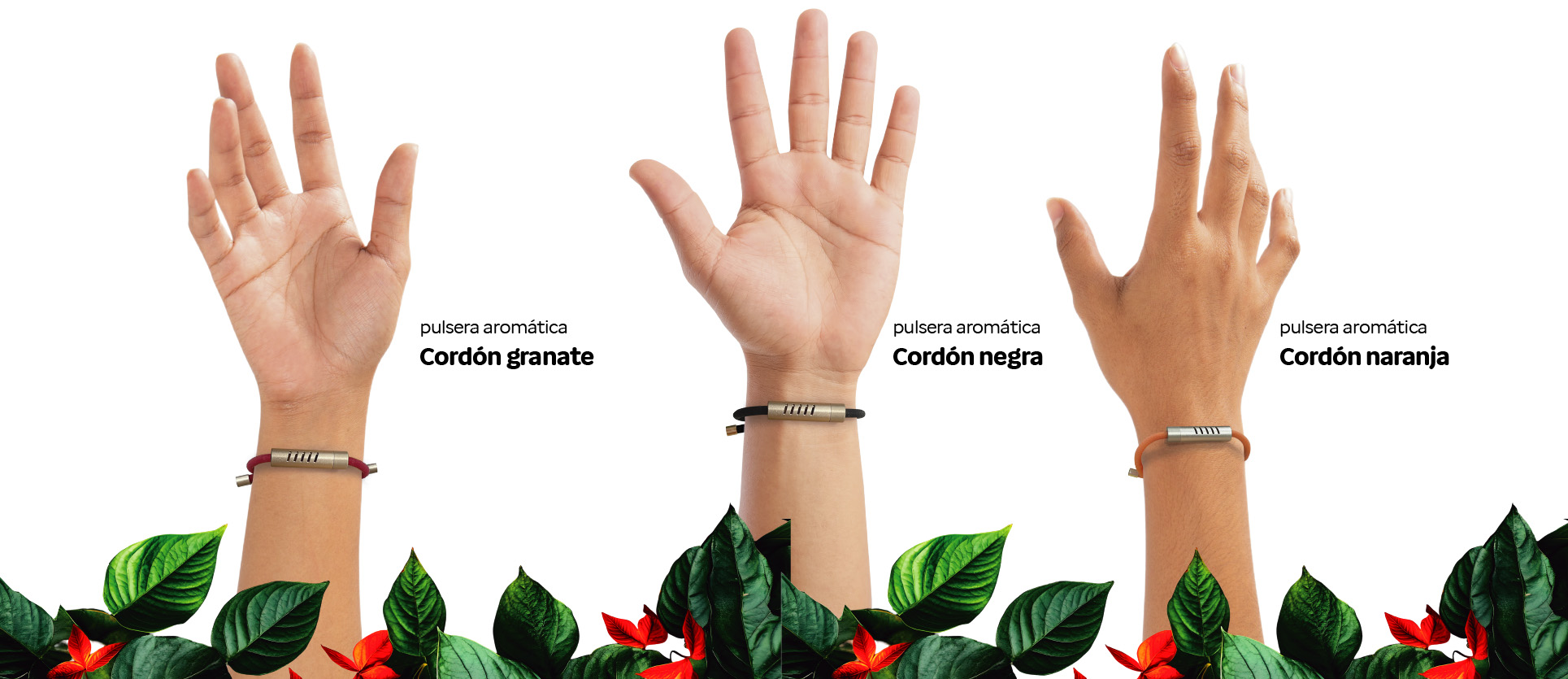 Pulseras aromáticas cordón: granate, negra y naranja | ByePic®
